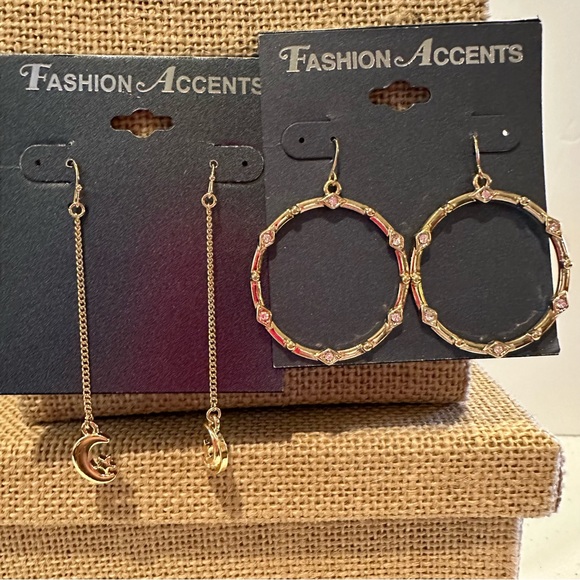NWT 2 Pair of Fashion Accents Earrings gold tone dangles, moon, rhinestones - Picture 4 of 12